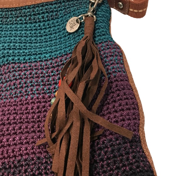 The Sak Crochet Shoulder Bag Teal Purple Black Leather Trim Tassel Crossbody - Picture 10 of 16